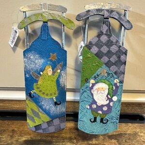 NWT Christmas Hand Painted Santa & Angel vintage style wood & metal sleds